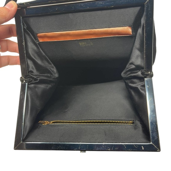 Vintage Block Black Suede Top Handle Shoulder Bag Square Opening Metal Clasp - Picture 5 of 8